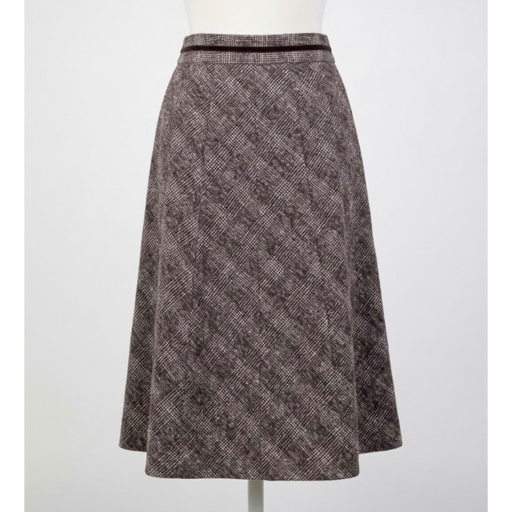Graceful Days Brown Glen Plaid Tweed Midi Skirt Velvet Trim Dark Academia Vtg